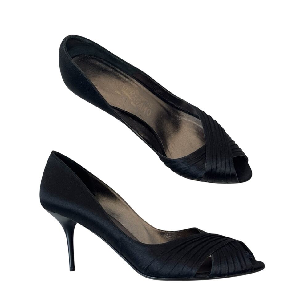 Salvatore Ferragamo Black Satin Peep Toe Pumps Heels Womens 9.5 Classic Luxury